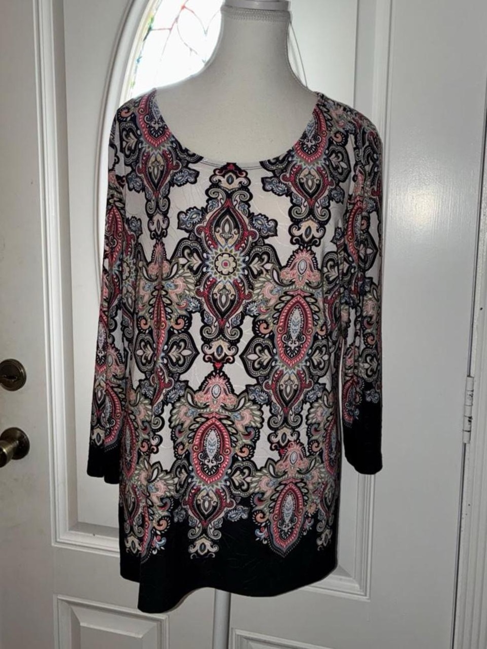 JM Collection Paisley Scoop Neck Long Sleeve Top in Pink and Black